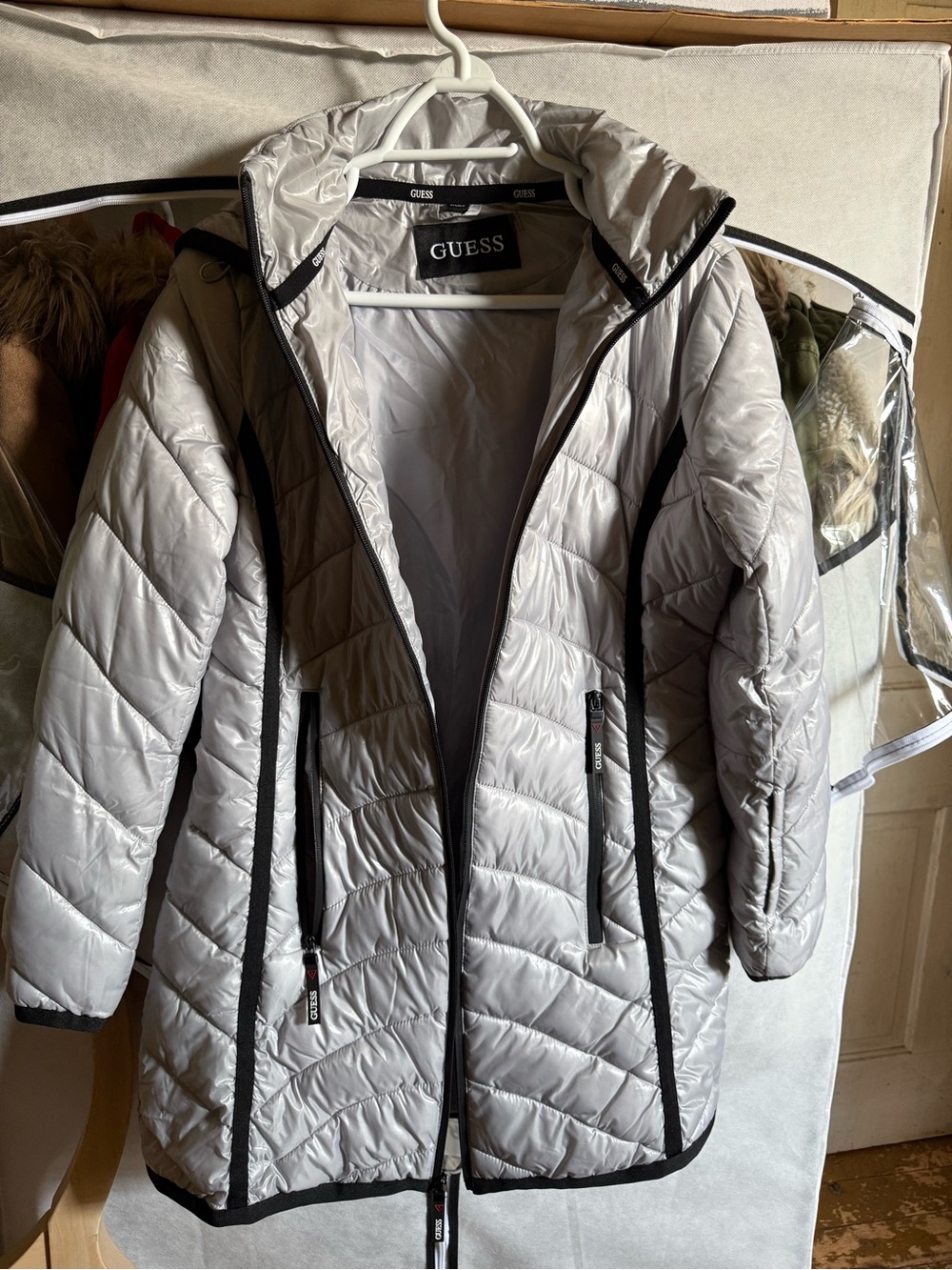 GUESS Light Gray Quilted Hooded Puffer Jacket with Black Trim